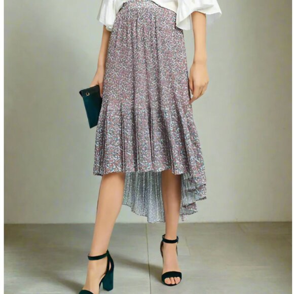 Anthropologie Skirt Womens Medium Petite Pink Midi Floral Chiffon Asymmetric Hem - Picture 1 of 11